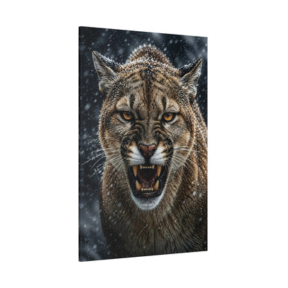 Snarling Cougar in Snowfall Wrapped Canvas Wall Art – Fierce Winter Wildlife Print - ART OF ROYALS