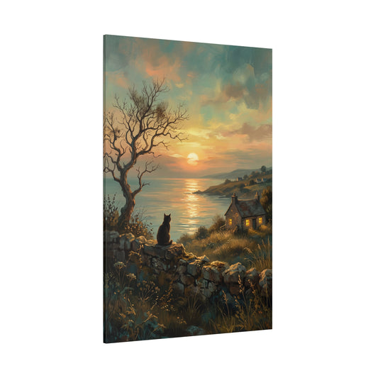 Sunset Solitude – Cat Overlooking a Coastal Haven