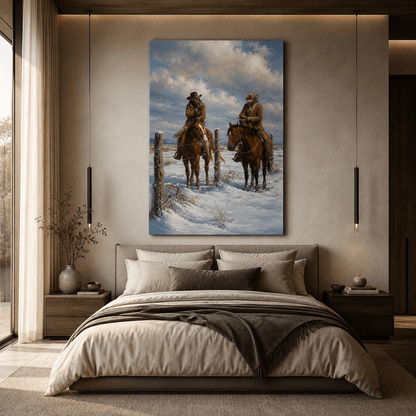 Two Cowboys on Horseback in Winter Wrapped Canvas Wall Art – Snowy Western Ranch Print - ART OF ROYALS