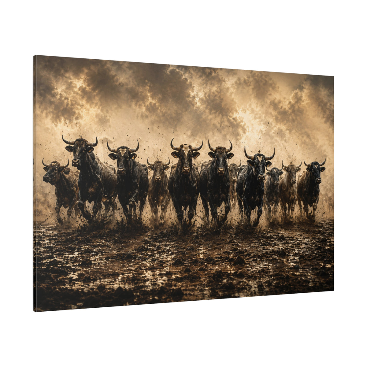 Stampeding Bull Herd Wrapped Canvas Wall Art – Dramatic Cattle Stampede Photography Print - ART OF ROYALS