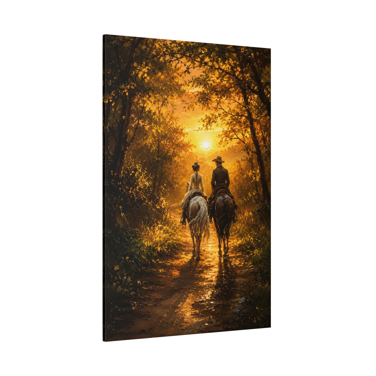 Golden Forest Horseback Ride Wrapped Canvas Wall Art – Romantic Sunset Couple Oil Painting Print - ART OF ROYALS