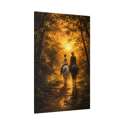 Golden Forest Horseback Ride Wrapped Canvas Wall Art – Romantic Sunset Couple Oil Painting Print - ART OF ROYALS