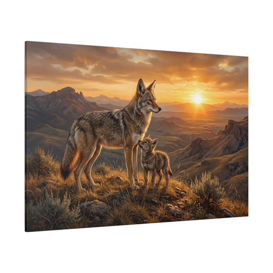 Coyote & Pup at Golden Sunset – Family Bond Mountain Canvas Wall Art