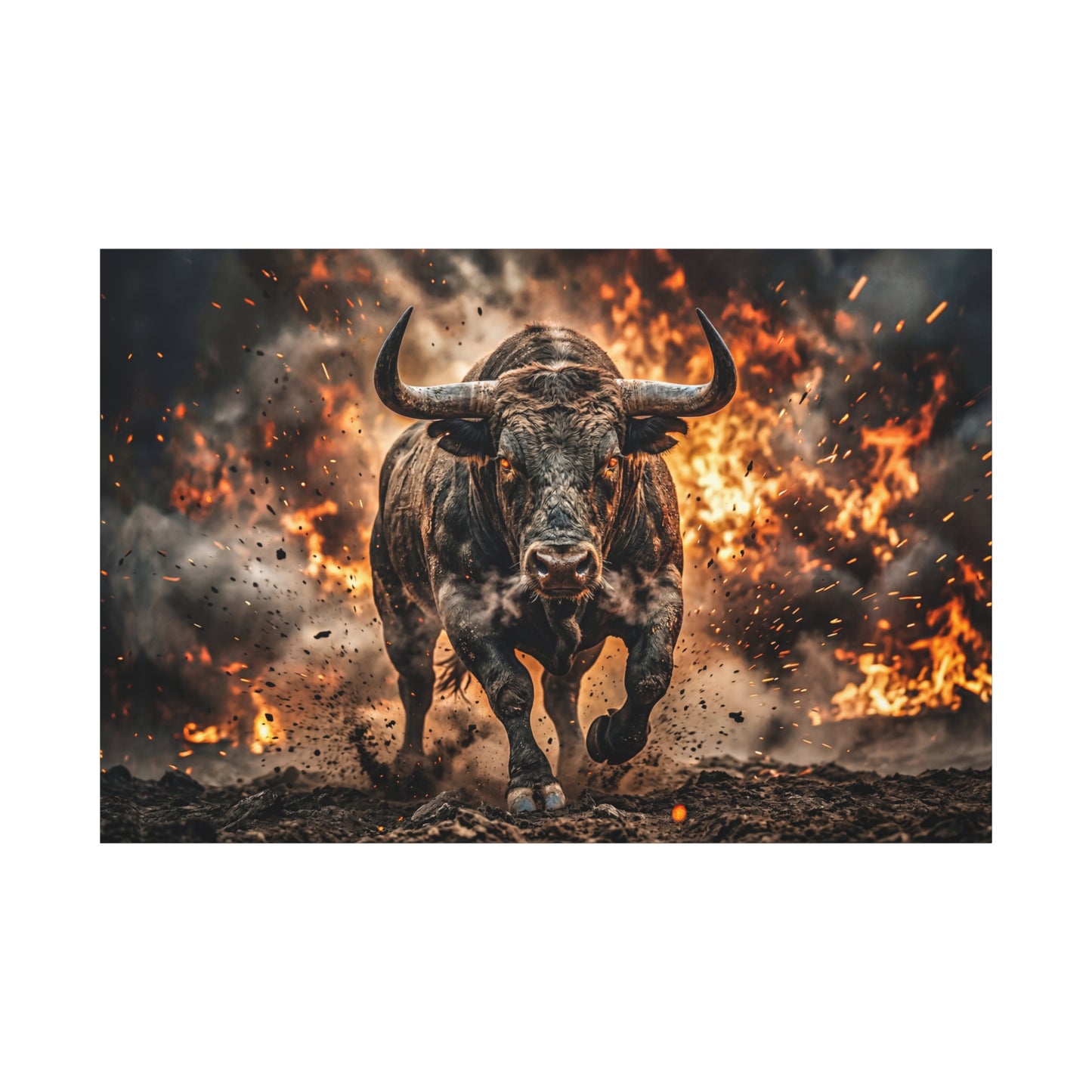 Charging Bull Through Fire – Powerful Action Canvas Wall Art