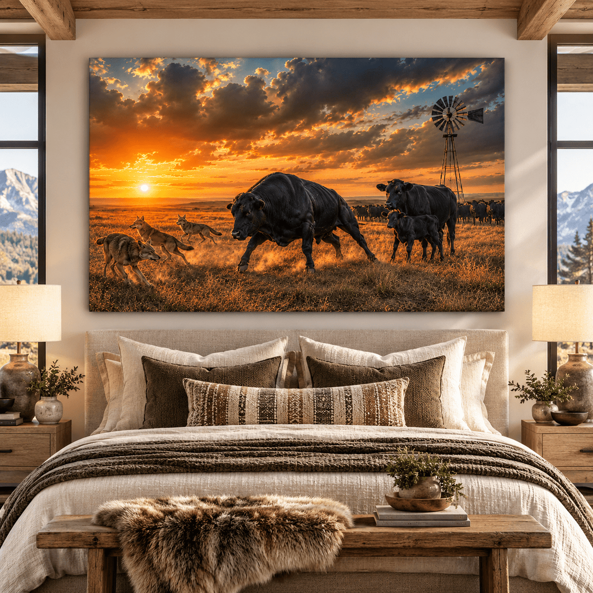 Black Angus Bull & Coyotes at Sunset Wrapped Canvas Wall Art – Western Cattle Ranch Landscape - ART OF ROYALS