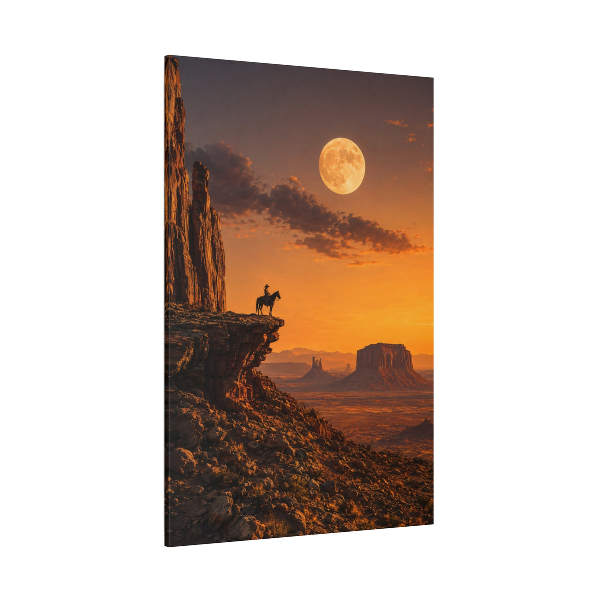 Lone Cowboy Under Full Moon Wrapped Canvas Wall Art – Monument Valley Sunset Print - ART OF ROYALS