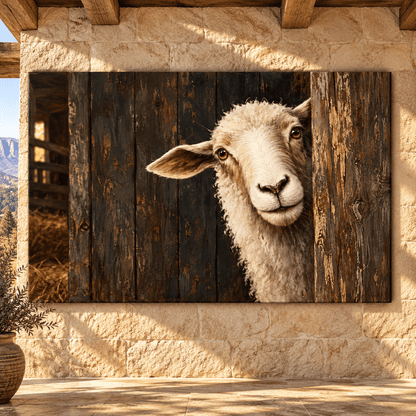 Curious Sheep Peeking from Rustic Barn Wrapped Canvas Wall Art – Farmhouse Sheep Portrait - ART OF ROYALS