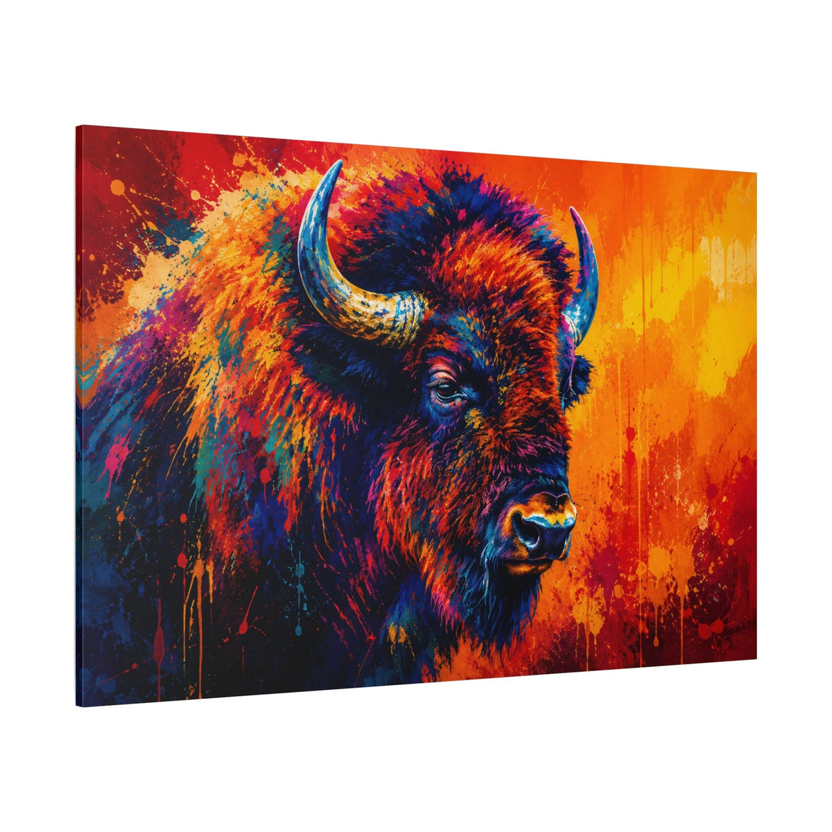 Neon Pop Art Bison Wrapped Canvas Wall Art – Vibrant Graffiti Style Wildlife Print - ART OF ROYALS