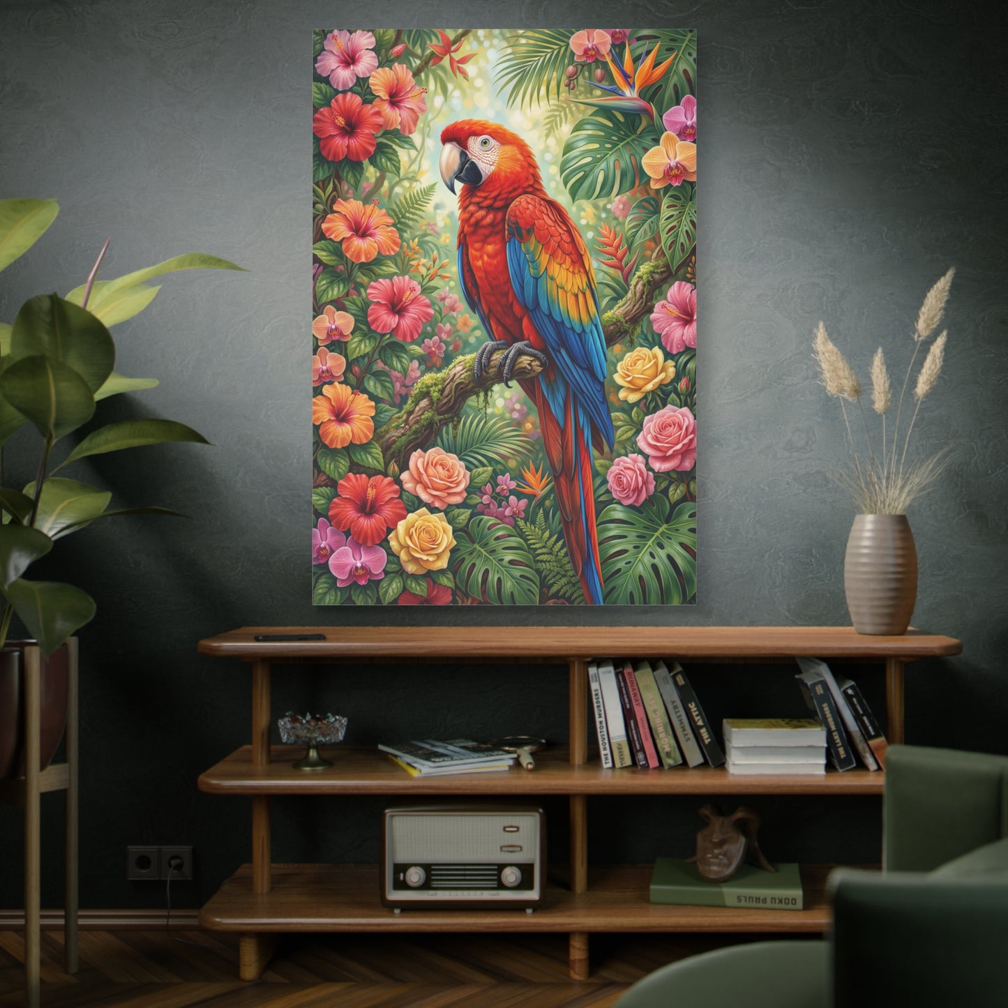 Tropical Scarlet Macaw Paradise – Vibrant Floral Jungle Canvas Wall Art