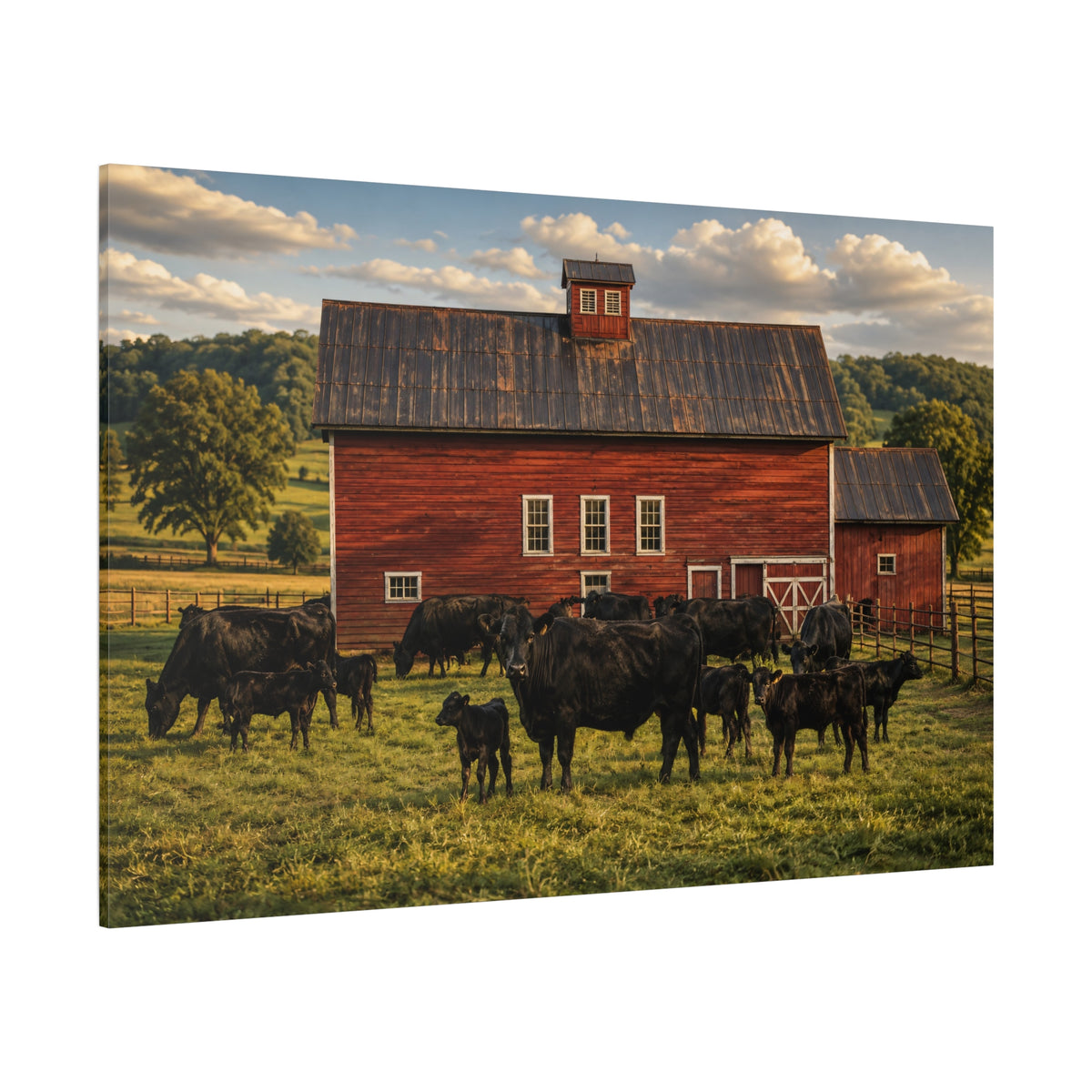 Red Barn with Black Angus Cattle Wrapped Canvas Wall Art – Classic American Farm Print - ART OF ROYALS