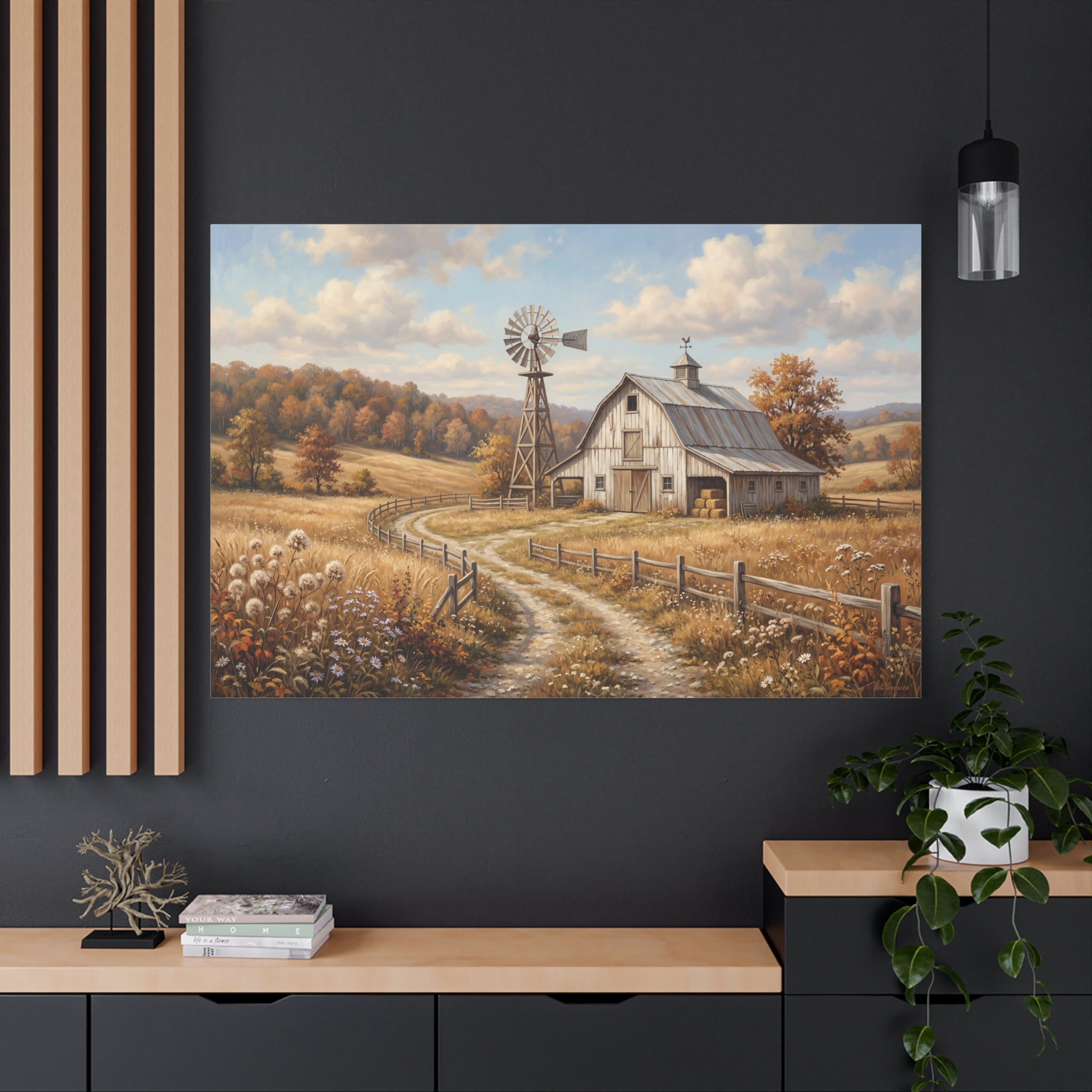Rustic barn and windmill landscape canvas wall art inspired by oil painting style