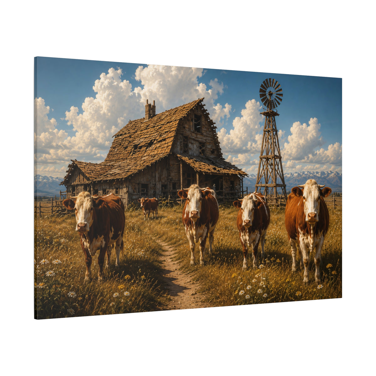 Hereford Cattle at Homestead Wrapped Canvas Wall Art – Rustic Americana Farm Landscape Print - ART OF ROYALS