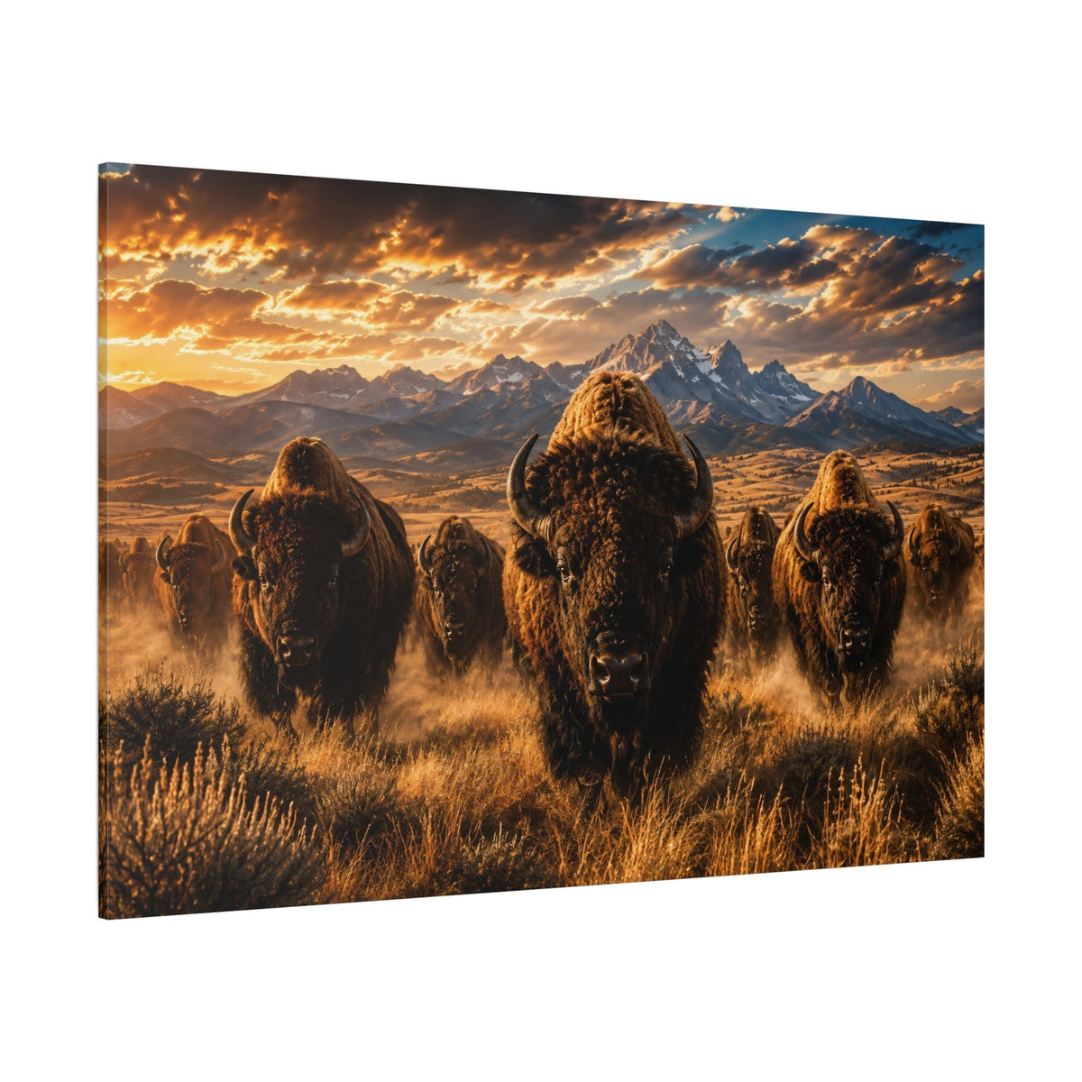 Bison Herd Before the Tetons Wrapped Canvas Wall Art – Epic Mountain Wildlife Print - ART OF ROYALS