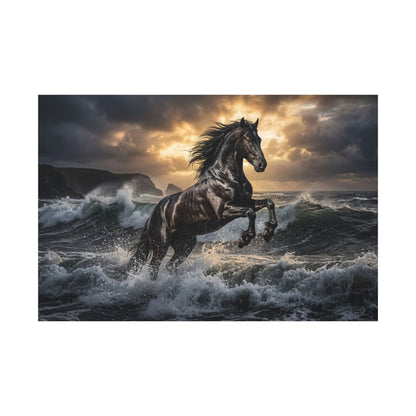 Black Stallion in Ocean Waves – Majestic Power Canvas Wall Art