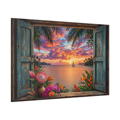 Tropical Sunset Through Rustic Window – Ocean Paradise Canvas Wall Art