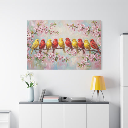 Spring Harmony – Colorful Canary Birds on Blossom Branch Canvas Wall Art