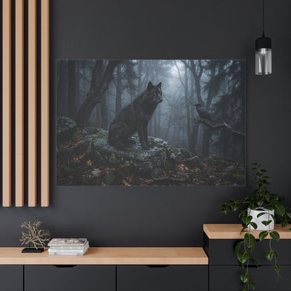 Black Wolf & Raven in Misty Forest – Dark Wilderness Canvas Wall Art