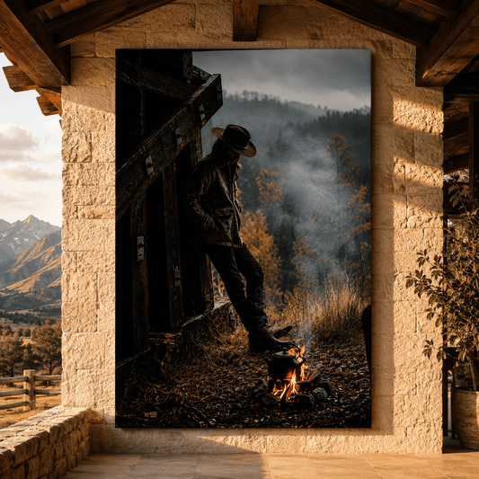 Lonely Cowboy by Campfire Wrapped Canvas Wall Art – Rustic Western Ranch Wilderness Print - ART OF ROYALS