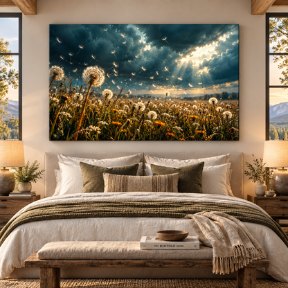 Dandelion Meadow Under Stormy Sky Wrapped Canvas Wall Art – Sunlit Wildflower Field Landscape