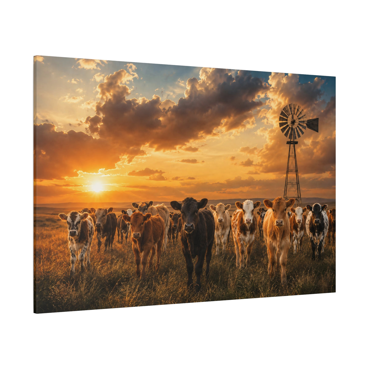 Calf Herd at Windmill Sunset Wrapped Canvas Wall Art – Charming Ranch Photography Print - ART OF ROYALS