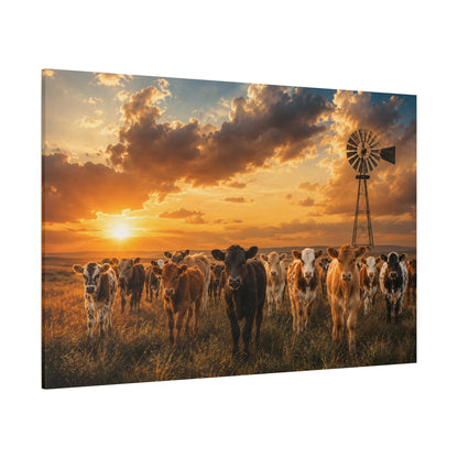Calf Herd at Windmill Sunset Wrapped Canvas Wall Art – Charming Ranch Photography Print - ART OF ROYALS