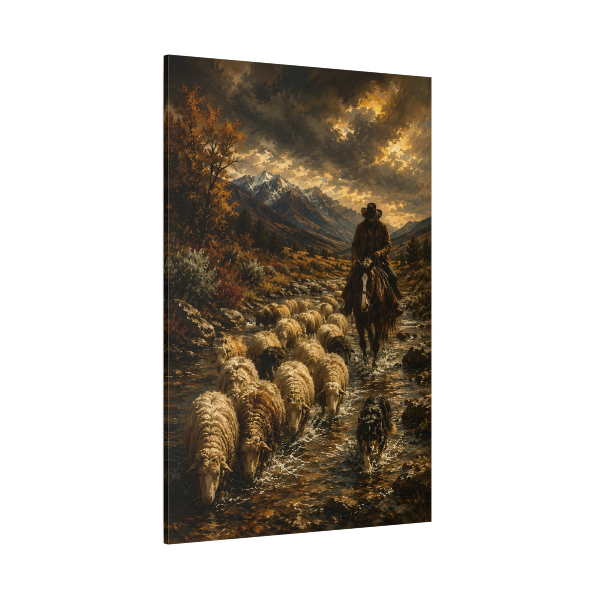 Autumn River Drive – Cowboy Herding Sheep Canvas Wall Art - ART OF ROYALS