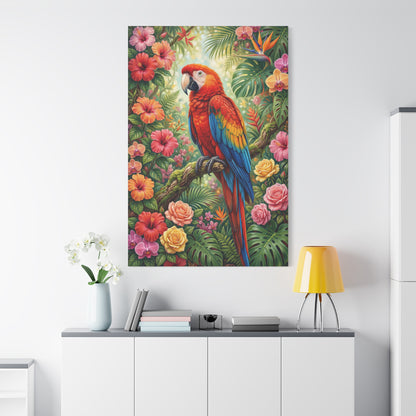 Tropical Scarlet Macaw Paradise – Vibrant Floral Jungle Canvas Wall Art