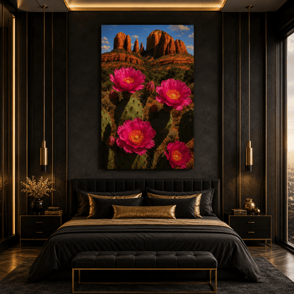 Pink Prickly Pear Cactus Flowers Wrapped Canvas Wall Art – Southwest Desert Landscape Print - ART OF ROYALS