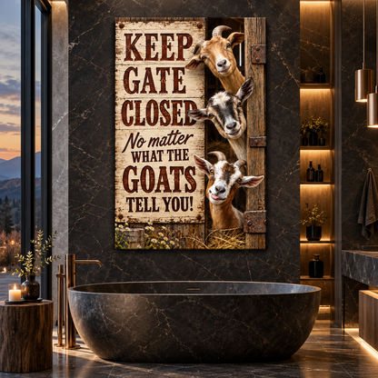Funny Goat “Keep Gate Closed” Wrapped Canvas Wall Art – Rustic Farmhouse Barn Humor Sign