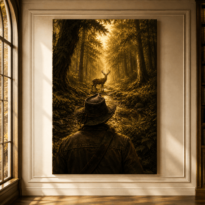Hunter Watching a Buck in Golden Forest Wrapped Canvas Wall Art – Deer Hunting Woodland Print - ART OF ROYALS