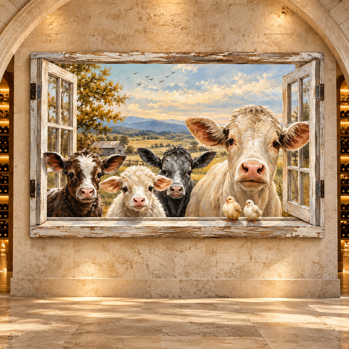 Farm Cow Family Wrapped Canvas Wall Art – Rustic Cattle & Calves Country Farmhouse Painting