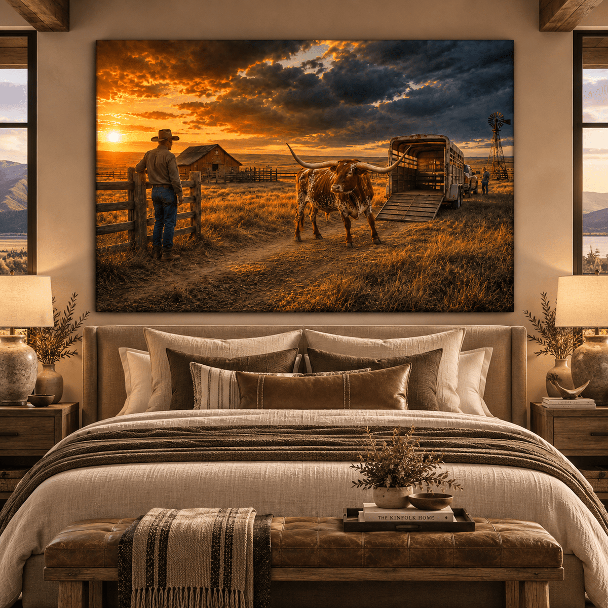 Texas Longhorn at Cattle Trailer Wrapped Canvas Wall Art – Western Ranch Sunset Landscape - ART OF ROYALS