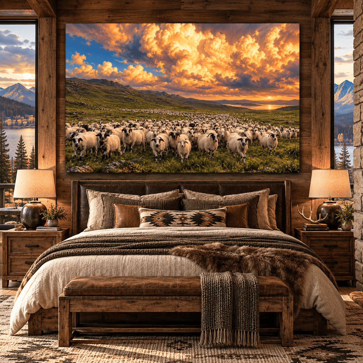Sheep Herd Under Golden Sunset Clouds Wrapped Canvas Wall Art – Rustic Farm & Countryside Landscape - ART OF ROYALS