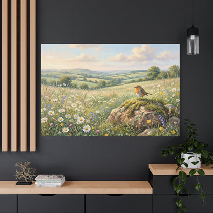 Robin in Blooming Meadow – Peaceful Countryside Canvas Wall Art