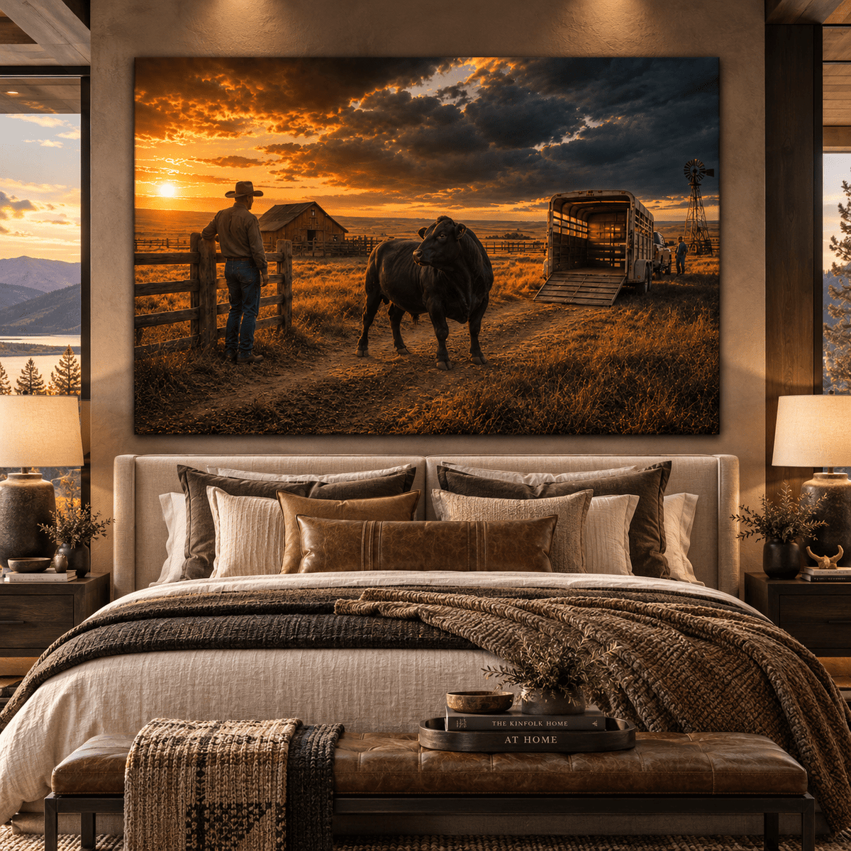 Black Angus Bull at Cattle Trailer Wrapped Canvas Wall Art – Western Ranch Sunset Landscape