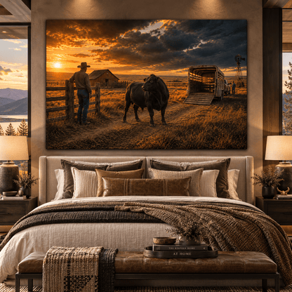 Black Angus Bull at Cattle Trailer Wrapped Canvas Wall Art – Western Ranch Sunset Landscape