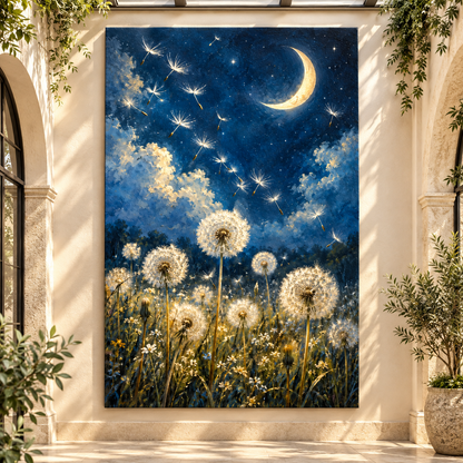 Dandelion Wishes Under Crescent Moon Wrapped Canvas Wall Art – Blue & Gold Celestial Wildflower Painting