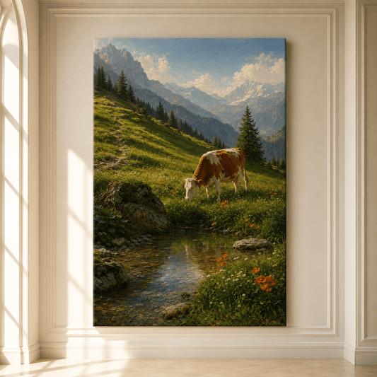 Alpine Cow by Mountain Stream Wrapped Canvas Wall Art – Classical Landscape Painting Print - ART OF ROYALS
