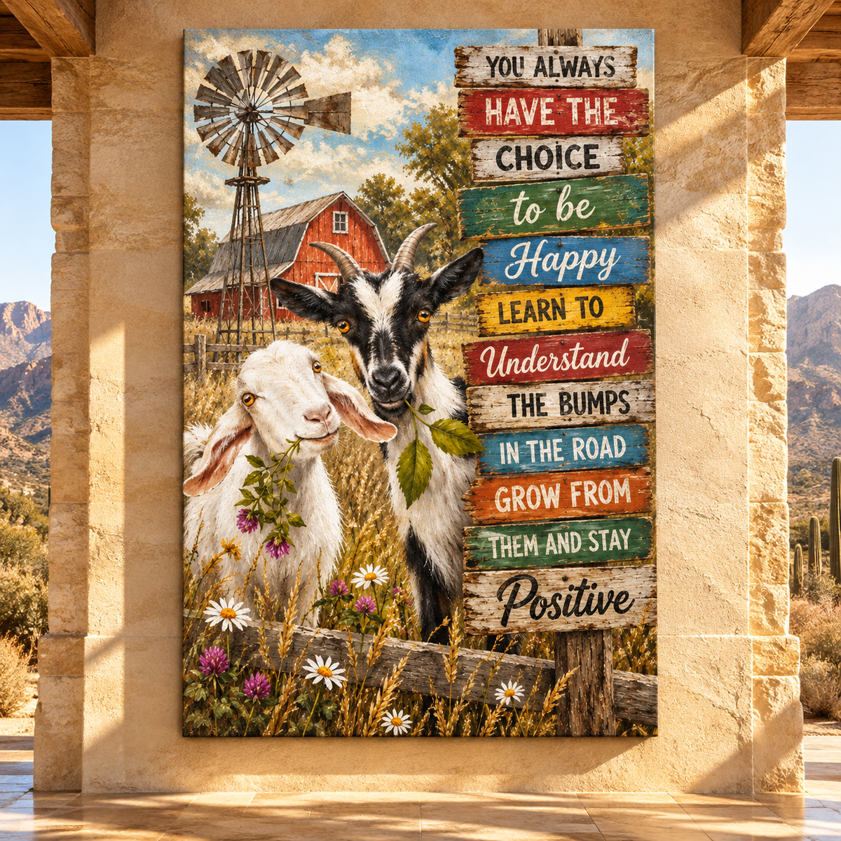 Inspirational Goat Farm Wrapped Canvas Wall Art – Positive Rustic Farmhouse Quote Decor