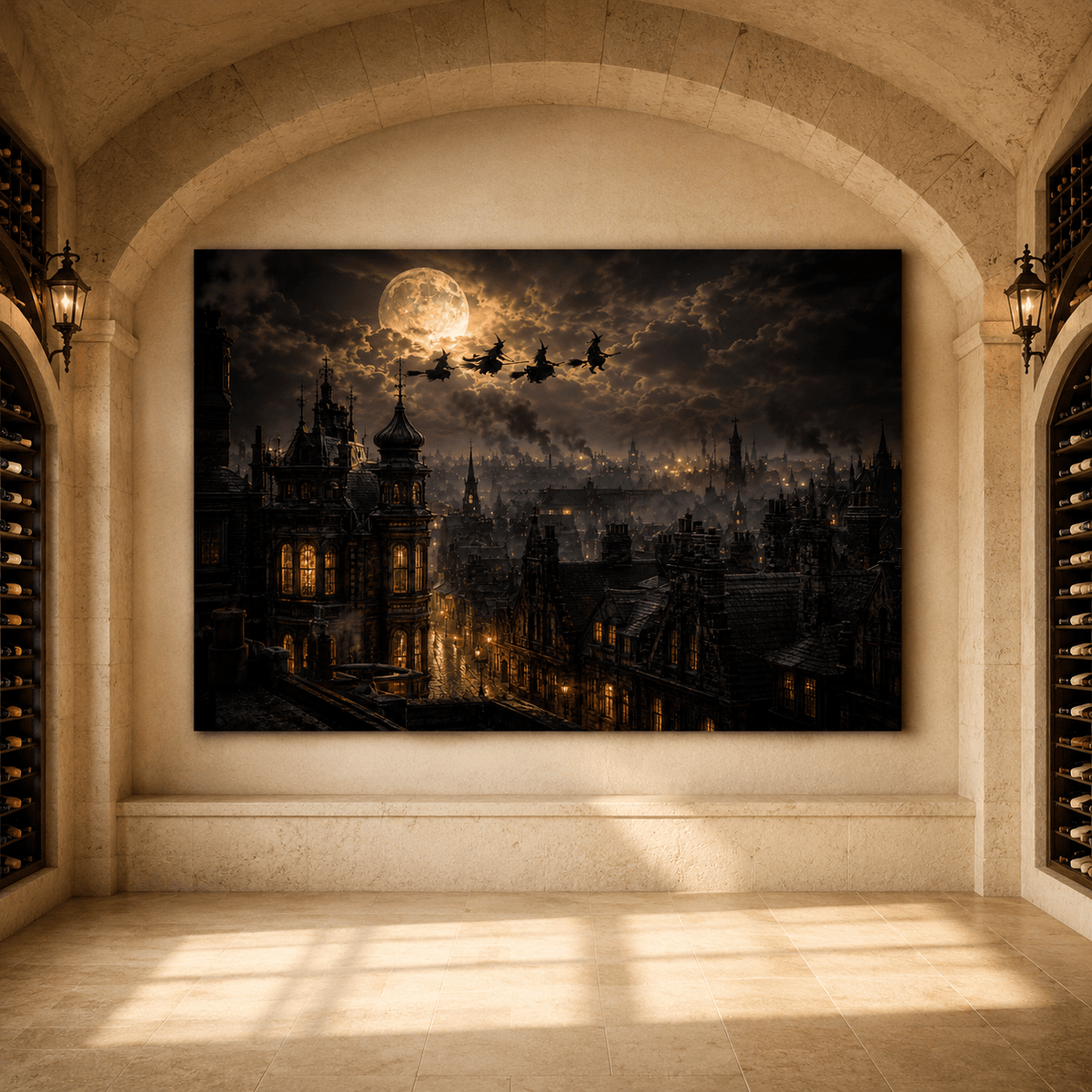 Witches Flying Over Gothic City Under Full Moon Wrapped Canvas Wall Art – Dark Halloween Fantasy Print - ART OF ROYALS