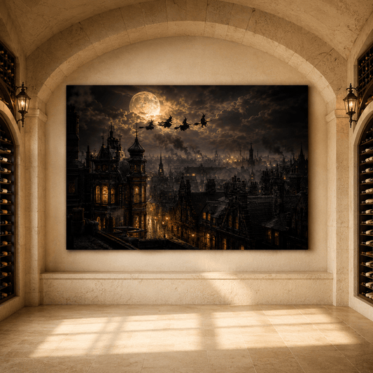 Witches Flying Over Gothic City Under Full Moon Wrapped Canvas Wall Art – Dark Halloween Fantasy Print - ART OF ROYALS