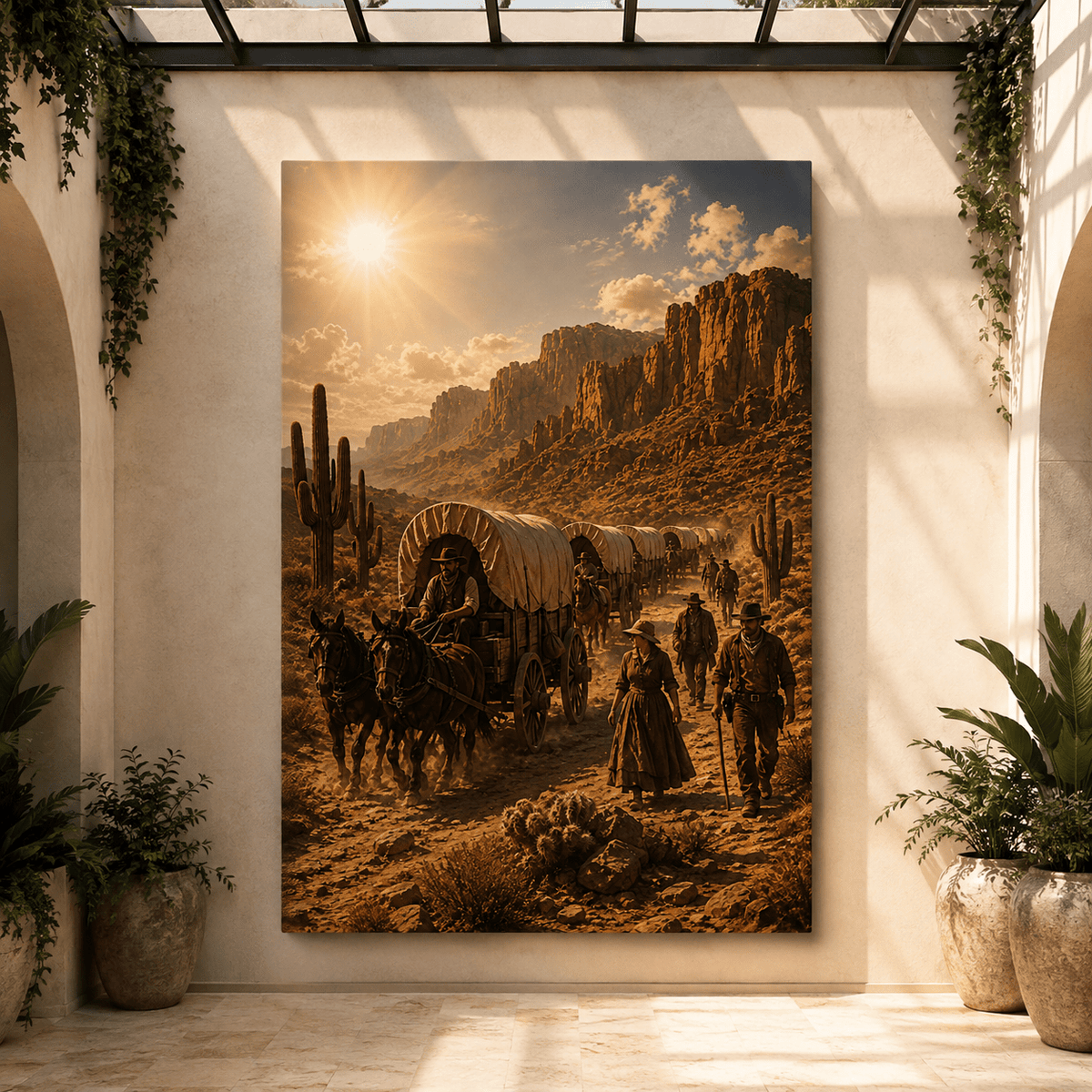 Covered Wagon Train Wrapped Canvas Wall Art – Old West Pioneer Trail & Western Frontier Print - ART OF ROYALS