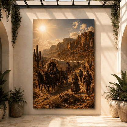 Covered Wagon Train Wrapped Canvas Wall Art – Old West Pioneer Trail & Western Frontier Print - ART OF ROYALS