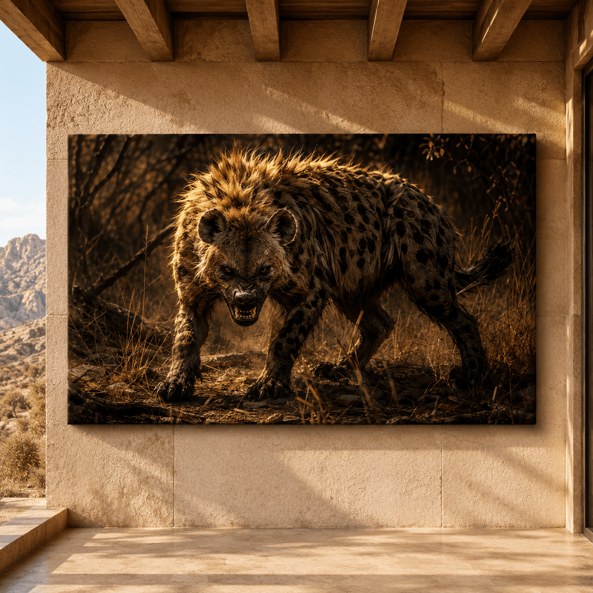 Snarling Hyena in Golden Light Wrapped Canvas Wall Art – Fierce African Wildlife Print - ART OF ROYALS