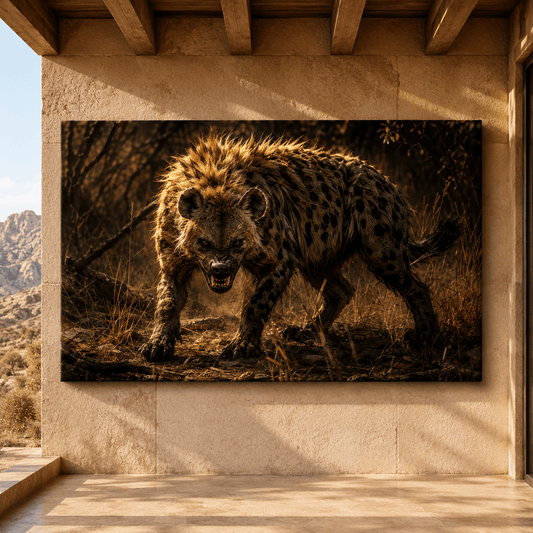 Snarling Hyena in Golden Light Wrapped Canvas Wall Art – Fierce African Wildlife Print - ART OF ROYALS