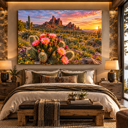 Blooming Desert Cactus at Sunset Wrapped Canvas Wall Art – Southwest Arizona Landscape Print
