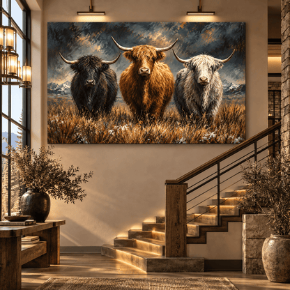 Three Highland Cows Wrapped Canvas Wall Art – Rustic Western Cattle Painting - ART OF ROYALS