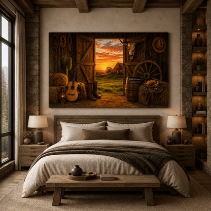 Rustic Western Barn at Sunset Wrapped Canvas Wall Art – Cowboy Ranch Saddle & Guitar Decor - ART OF ROYALS