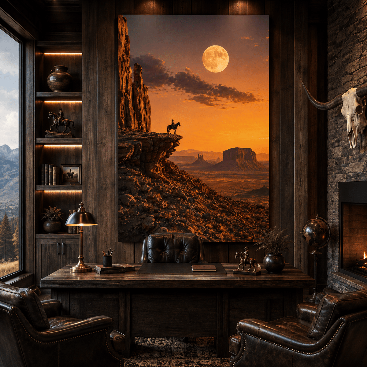 Lone Cowboy Under Full Moon Wrapped Canvas Wall Art – Monument Valley Sunset Print - ART OF ROYALS