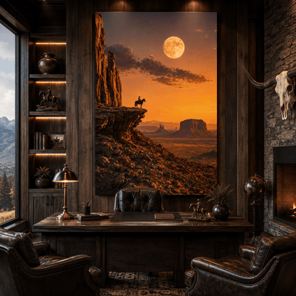 Lone Cowboy Under Full Moon Wrapped Canvas Wall Art – Monument Valley Sunset Print - ART OF ROYALS